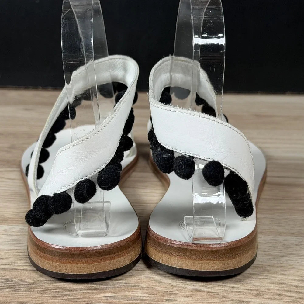 Alvaro Gonzalez Sandals Women 7.5 8 White Black Pom Pom Leather Flat Italy Made